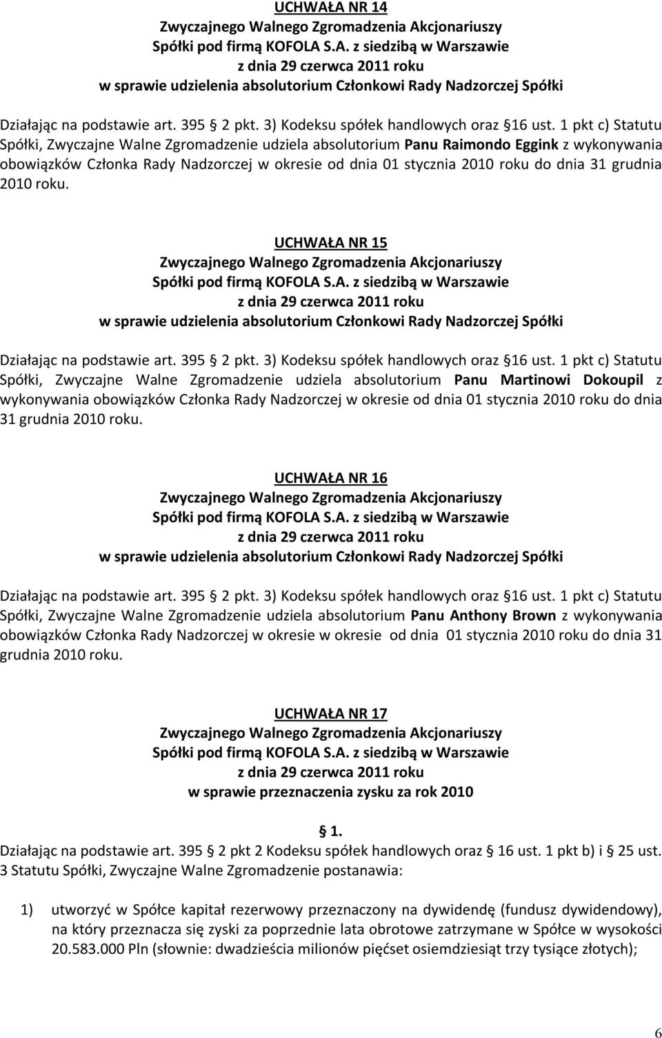 UCHWAŁA NR 15 Spółki, Zwyczajne Walne Zgromadzenie udziela absolutorium Panu Martinowi Dokoupil z wykonywania obowiązków Członka Rady Nadzorczej w okresie od dnia 01 stycznia 2010 roku do dnia 31 