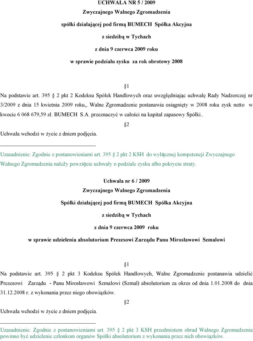 068 679,59 zł. BUMECH S.A. przeznaczyć w całości na kapitał zapasowy Spółki.. Uzasadnienie: Zgodnie z postanowieniami art.