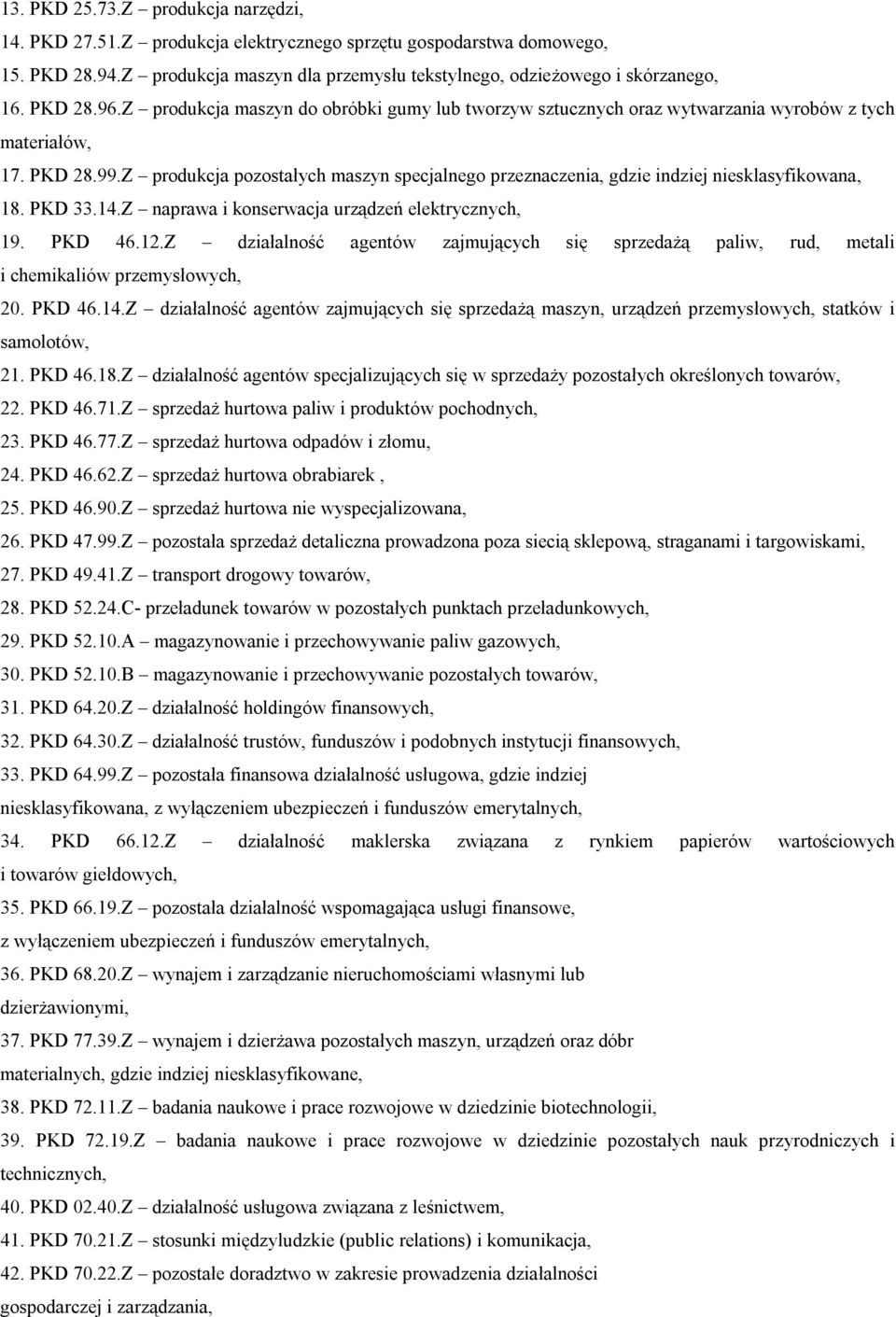 Z produkcja pozostałych maszyn specjalnego przeznaczenia, gdzie indziej niesklasyfikowana, 18. PKD 33.14.Z naprawa i konserwacja urządzeń elektrycznych, 19. PKD 46.12.