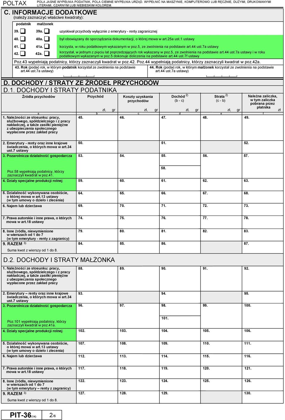 DOCHODY STRATY PODATNKA 2) 2) ród a prychodów Prychód Kosty uyskania Dochód Strata Nale na alicka prychodów (b - c) (c - b) w tym alicka pobrana pre p atnika a b c d e f 1.