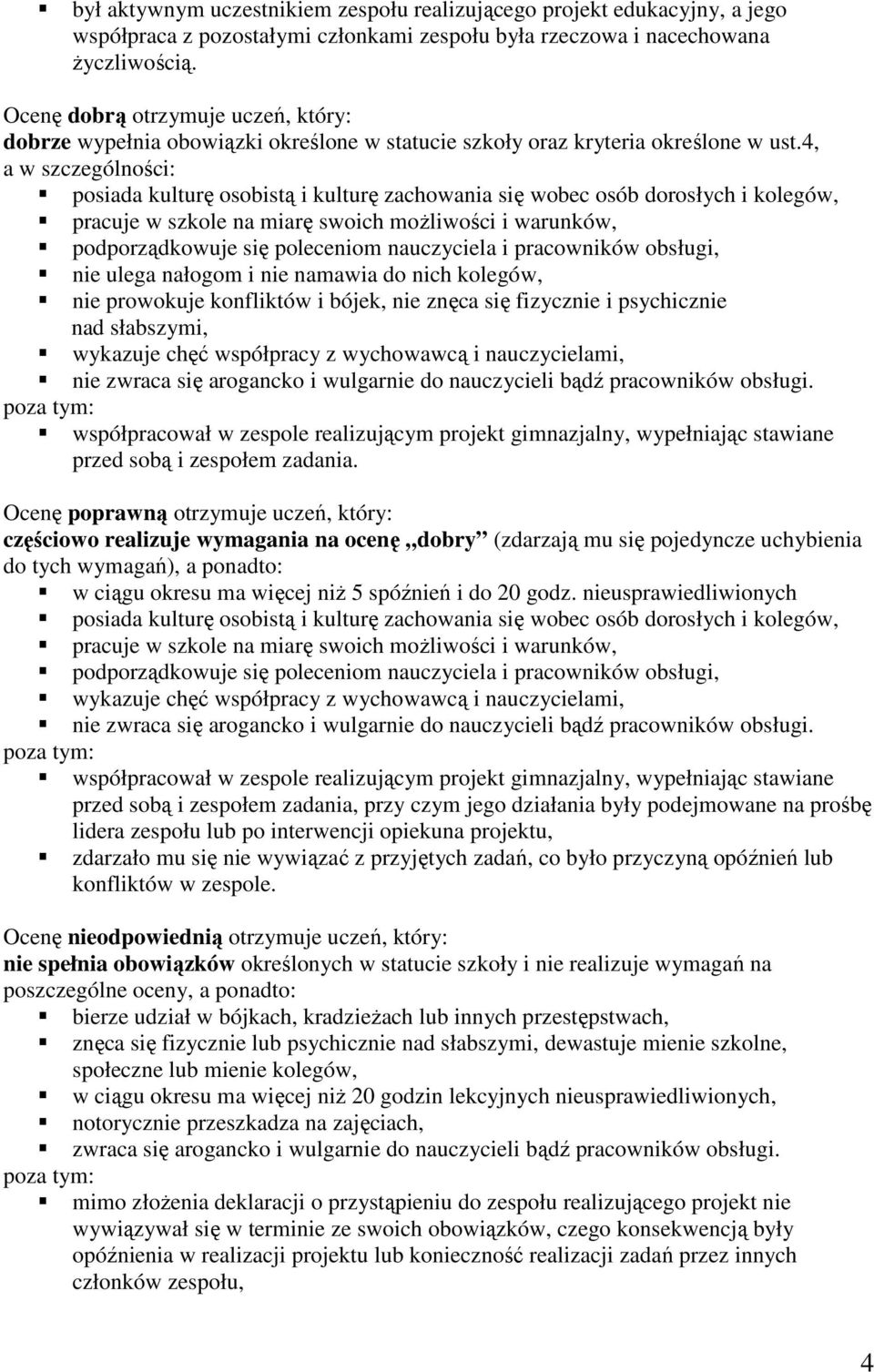 4, a w szczególności: nie ulega nałogom i nie namawia do nich kolegów, wykazuje chęć współpracy z wychowawcą i nauczycielami, nie zwraca się arogancko i wulgarnie do nauczycieli bądź pracowników