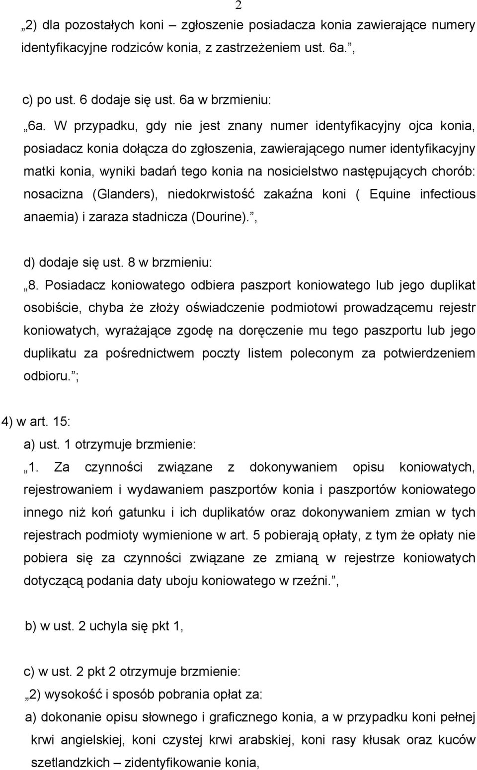 następujących chorób: nosacizna (Glanders), niedokrwistość zakaźna koni ( Equine infectious anaemia) i zaraza stadnicza (Dourine)., d) dodaje się ust. 8 w brzmieniu: 8.