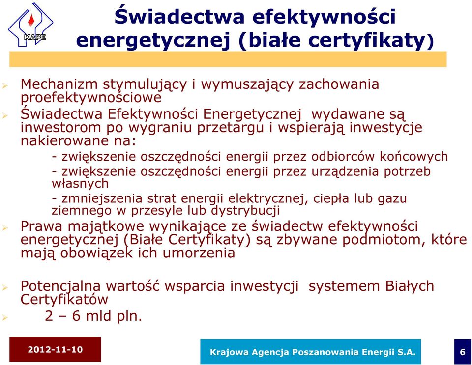 - zmniejszenia strat energii elektrycznej, ciepła lub gazu ziemnego w przesyle lub dystrybucji Prawa majątkowe wynikające ze świadectw efektywności energetycznej (Białe Certyfikaty) są