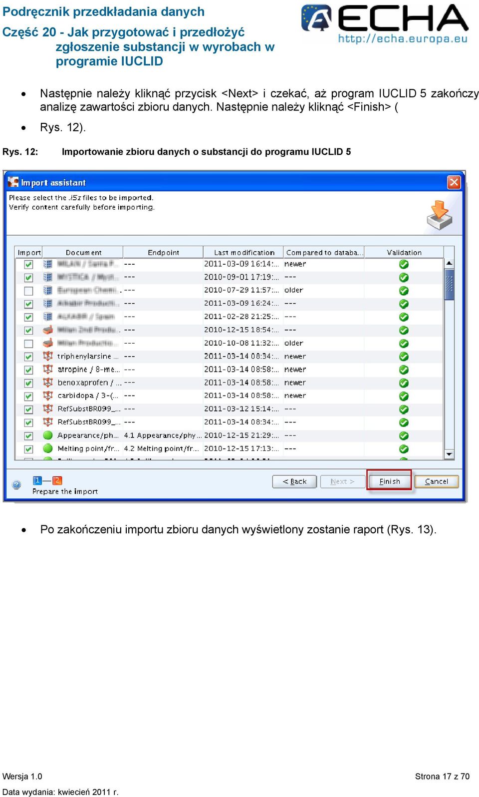 Rys. 12: Importowanie zbioru danych o substancji do programu IUCLID 5 Po