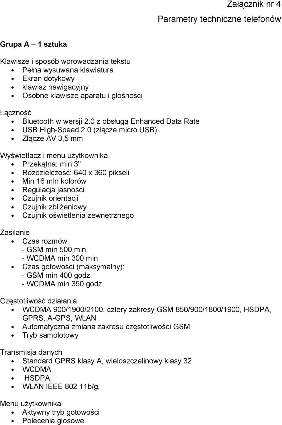 0 (złącze micro USB) Złącze AV 3,5 mm Wyświetlacz i menu użytkownika Przekątna: min 3" Rozdzielczość: 640 x 360 pikseli Min 16 mln kolorów Regulacja jasności Czujnik orientacji Czujnik zbliżeniowy