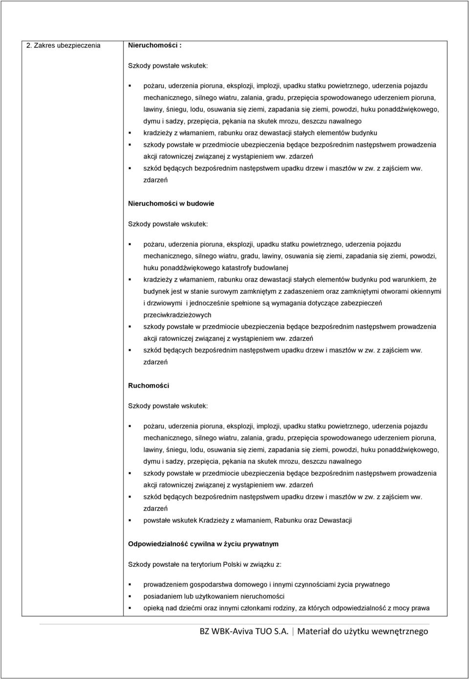 kradzieży z włamaniem, rabunku oraz dewastacji stałych elementów budynku Nieruchomości w budowie pożaru, uderzenia pioruna, eksplozji, upadku statku powietrznego, uderzenia pojazdu mechanicznego,