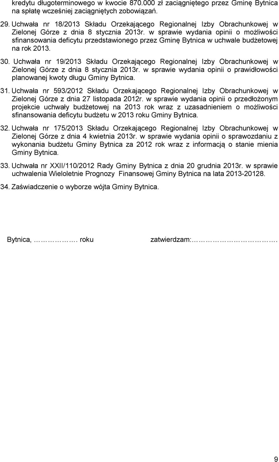 w sprawie wydania opinii o możliwości sfinansowania deficytu przedstawionego przez Gminę Bytnica w uchwale budżetowej na rok 2013. 30.