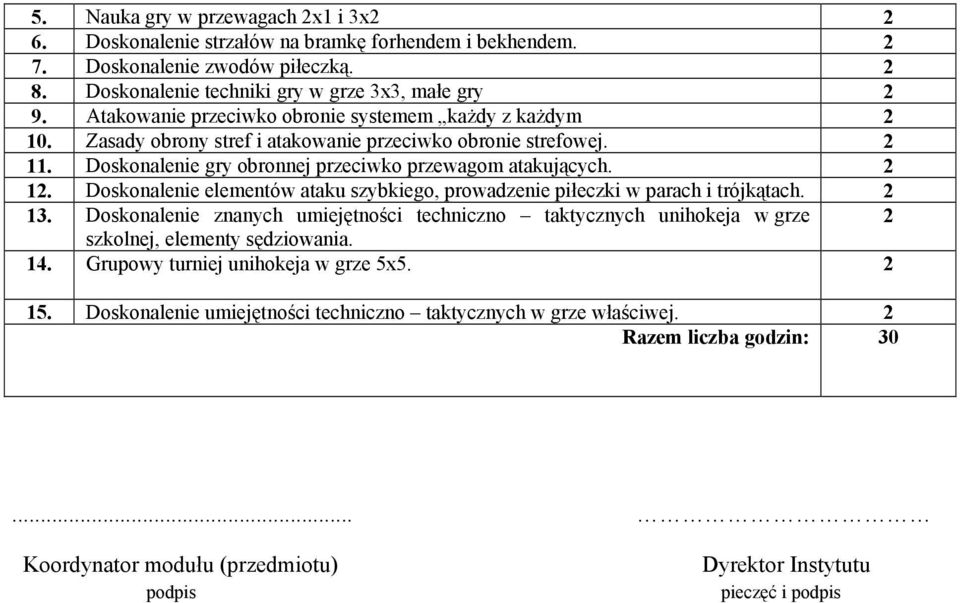Doskonalenie elementów ataku szybkiego, prowadzenie piłeczki w parach i trójkątach. 2 13. Doskonalenie znanych umiejętności techniczno taktycznych unihokeja w grze 2 szkolnej, elementy sędziowania.