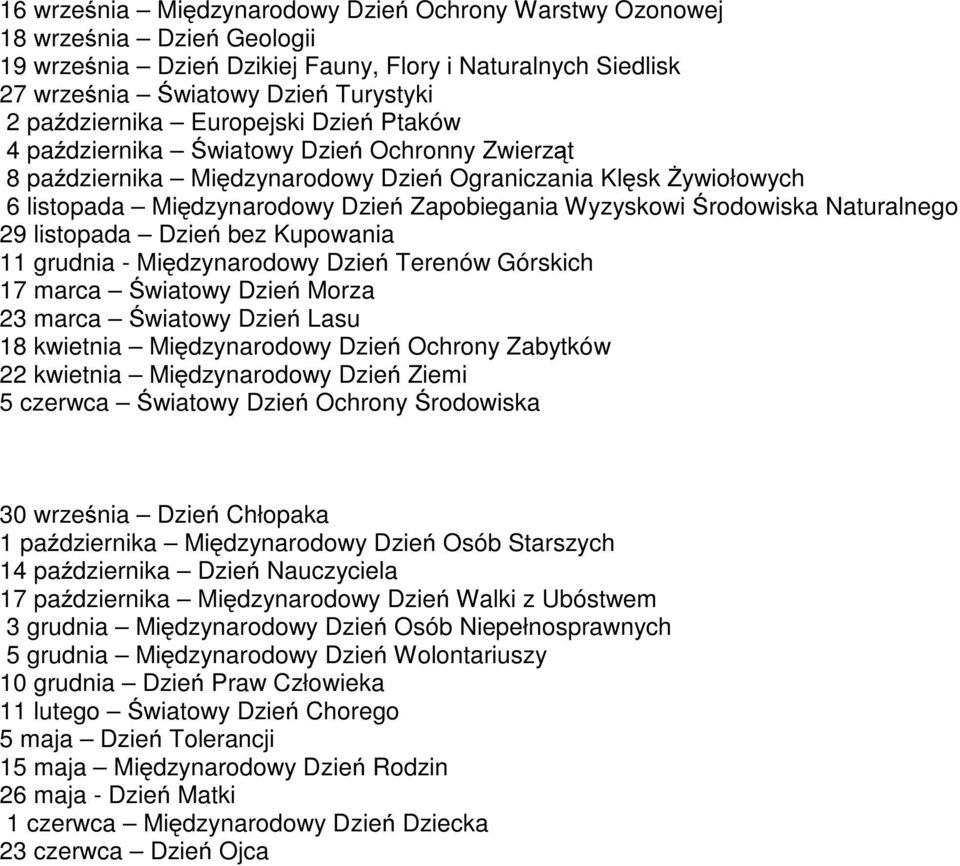 Środowiska Naturalnego 29 listopada Dzień bez Kupowania 11 grudnia - Międzynarodowy Dzień Terenów Górskich 17 marca Światowy Dzień Morza 23 marca Światowy Dzień Lasu 18 kwietnia Międzynarodowy Dzień