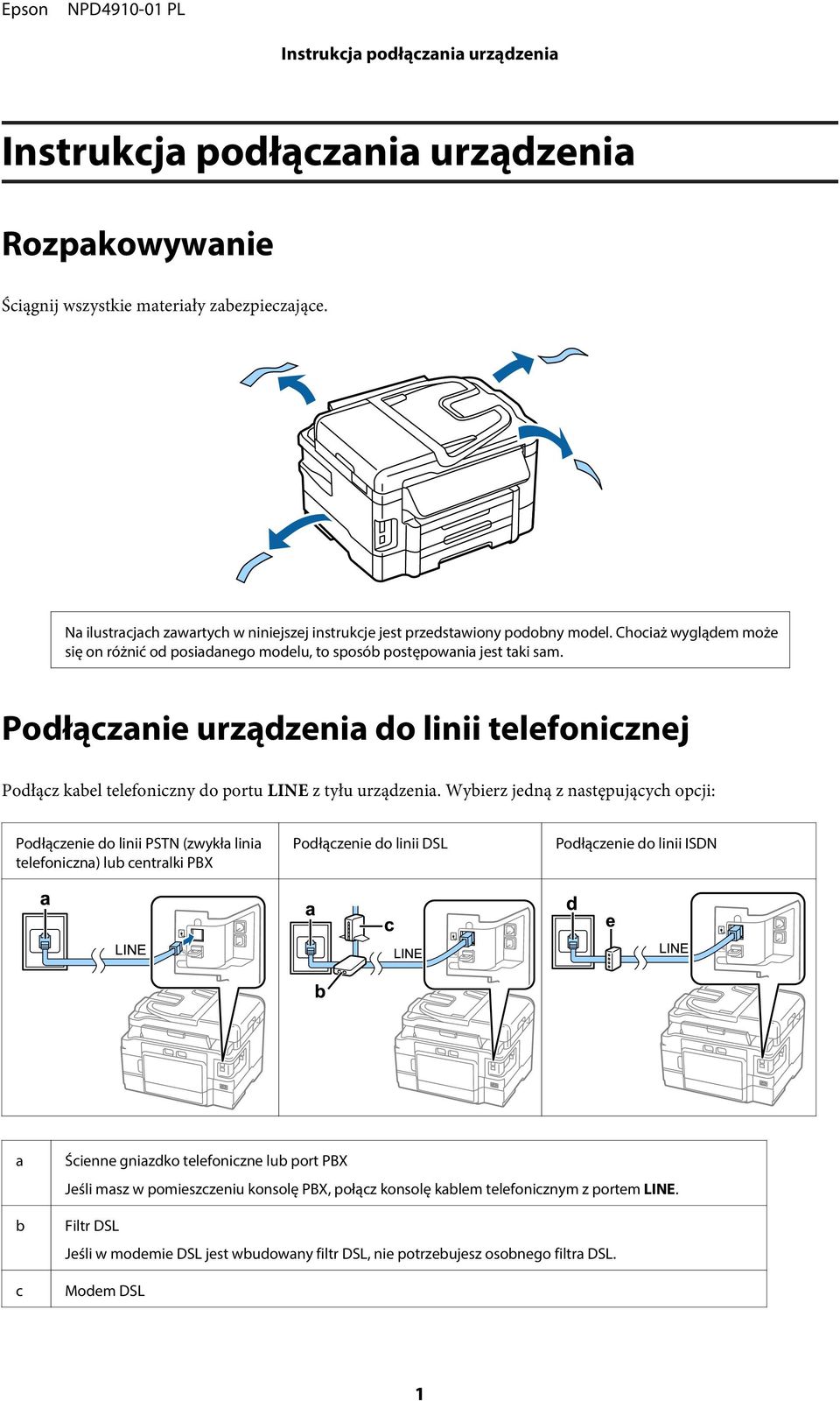 Podłączanie urządzenia do linii telefonicznej Podłącz kabel telefoniczny do portu LINE z tyłu urządzenia.