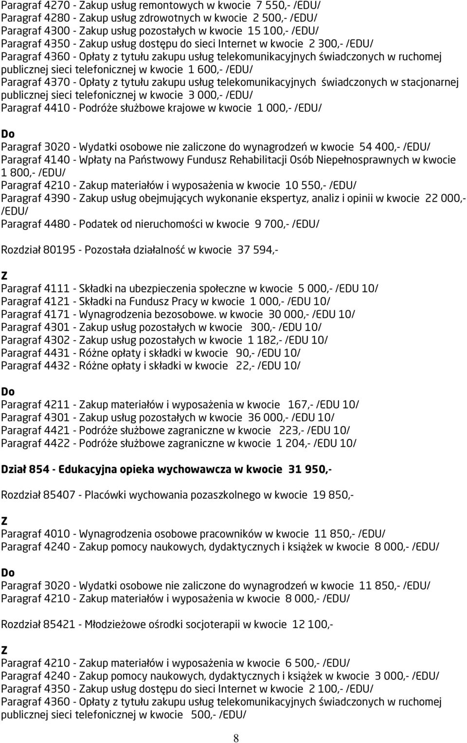 w stacjonarnej publicznej sieci telefonicznej w kwocie 3 000,- /EDU/ Paragraf 4410 - Podróże służbowe krajowe w kwocie 1 000,- /EDU/ Paragraf 3020 - Wydatki osobowe nie zaliczone do wynagrodzeń w
