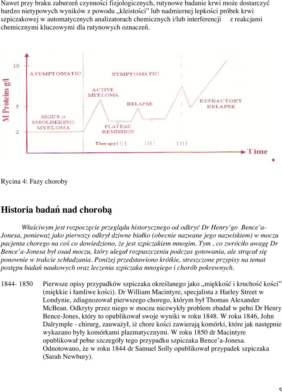 Rycina 4: Fazy choroby Historia badań nad chorobą Właściwym jest rozpoczęcie przeglądu historycznego od odkryć Dr Henry go Bence a- Jonesa, ponieważ jako pierwszy odkrył dziwne białko (obecnie