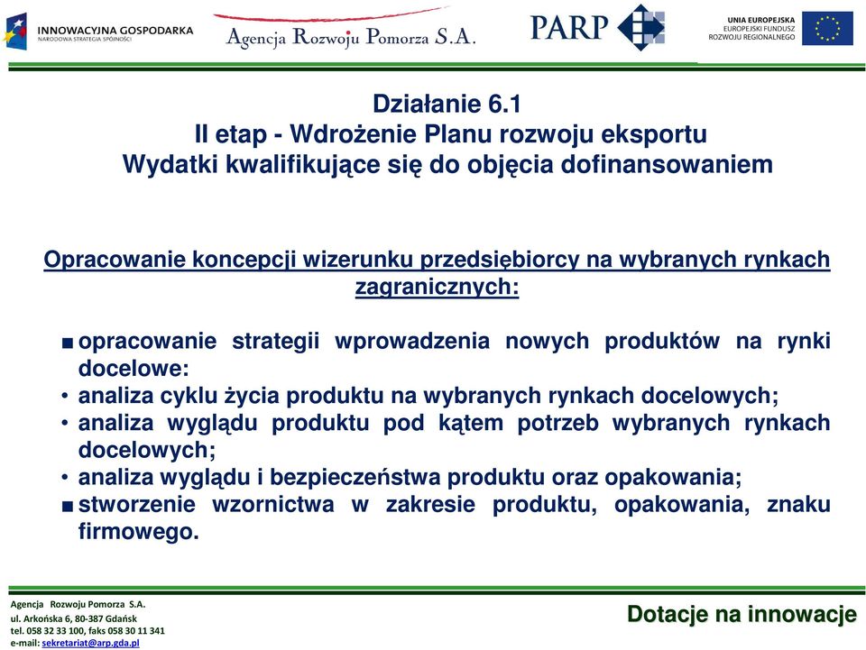 analiza cyklu Ŝycia produktu na wybranych rynkach docelowych; analiza wyglądu produktu pod kątem potrzeb wybranych rynkach