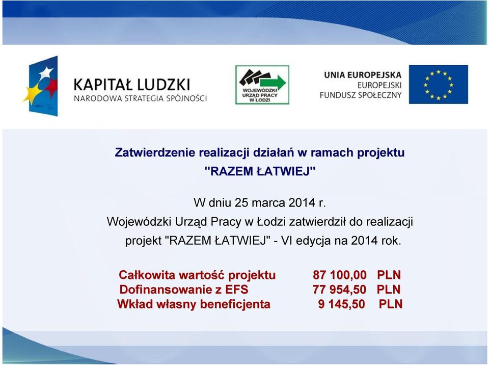 Wojewódzki Urząd Pracy w Łodzi zatwierdził do realizacji projekt "RAZEM