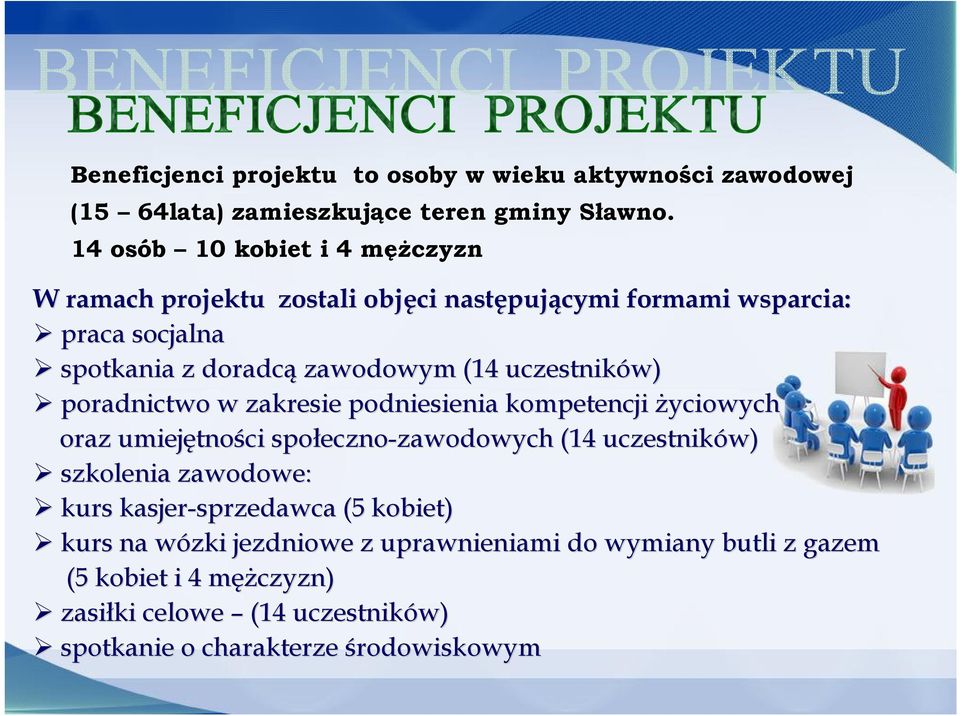 uczestników) poradnictwo w zakresie podniesienia kompetencji życiowych oraz umiejętno tności społeczno eczno-zawodowych zawodowych (14 uczestników) szkolenia