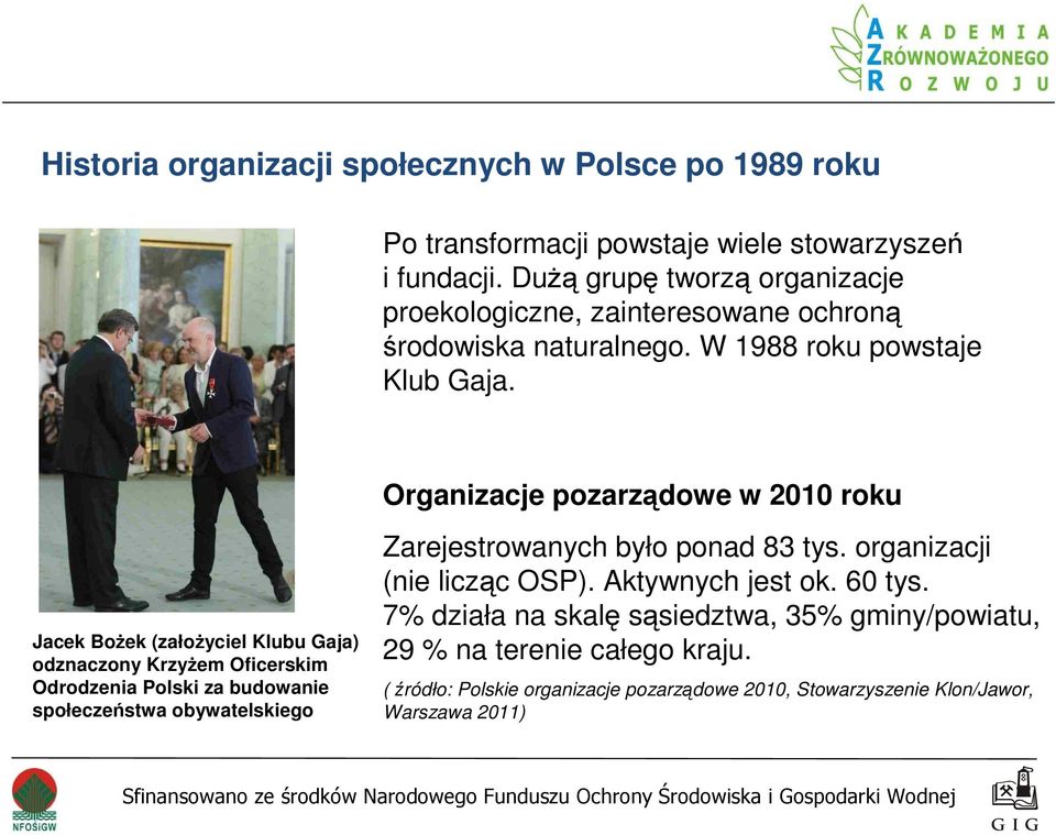 Organizacje pozarządowe w 2010 roku Jacek BoŜek (załoŝyciel Klubu Gaja) odznaczony KrzyŜem Oficerskim Odrodzenia Polski za budowanie społeczeństwa obywatelskiego