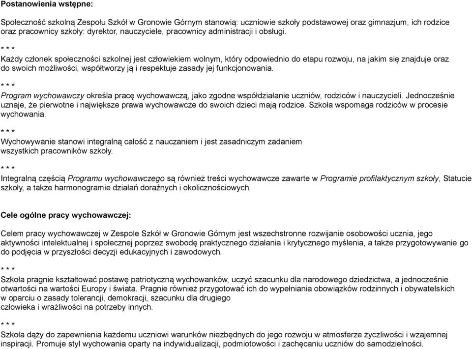 Każdy członek społeczności szkolnej jest człowiekiem wolnym, który odpowiednio do etapu rozwoju, na jakim się znajduje oraz do swoich możliwości, współtworzy ją i respektuje zasady jej funkcjonowania.