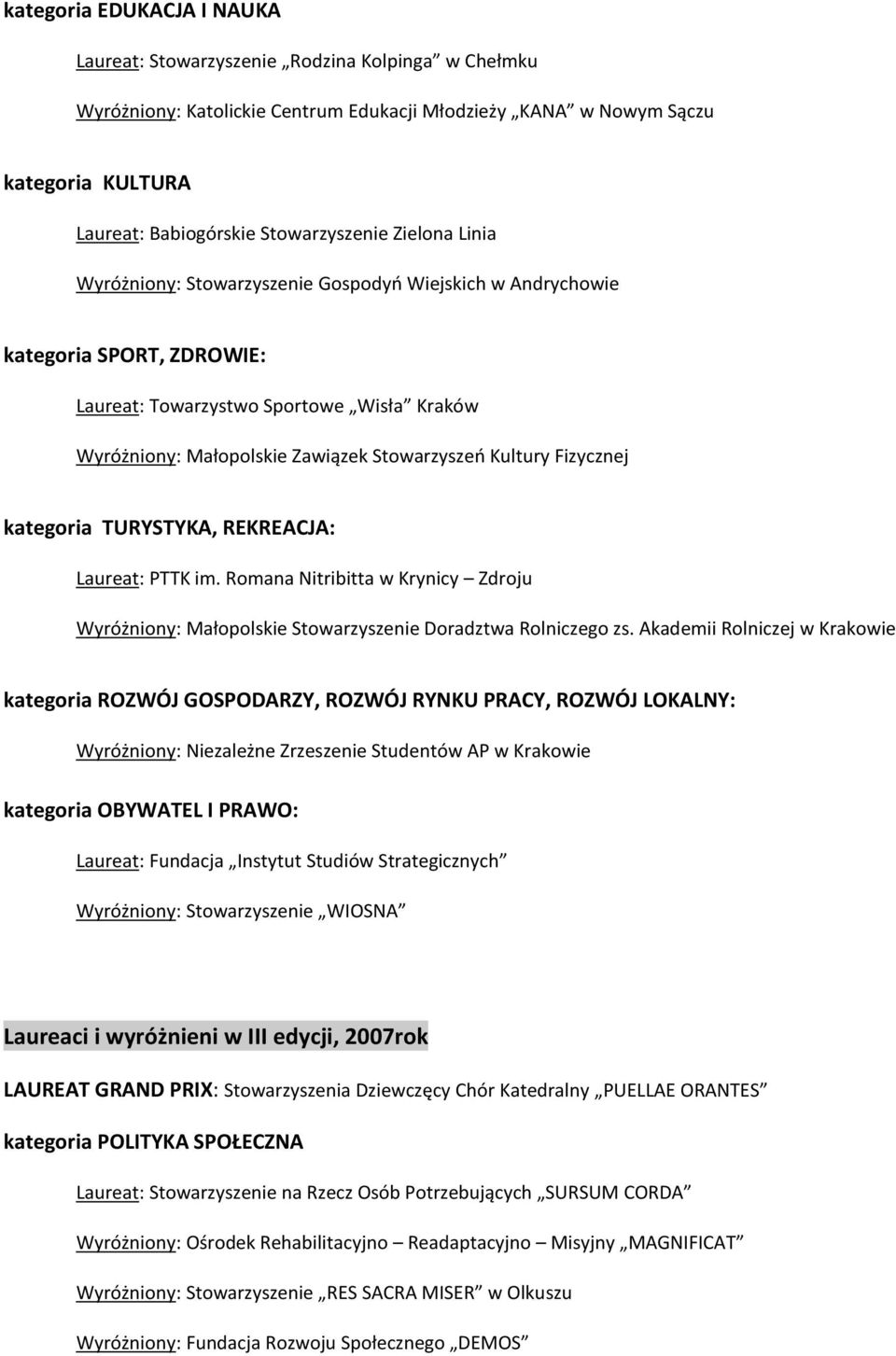 kategoria TURYSTYKA, REKREACJA: Laureat: PTTK im. Romana Nitribitta w Krynicy Zdroju Wyróżniony: Małopolskie Stowarzyszenie Doradztwa Rolniczego zs.