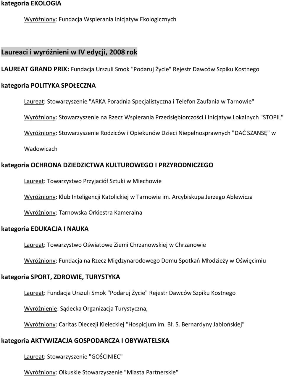 Wyróżniony: Stowarzyszenie Rodziców i Opiekunów Dzieci Niepełnosprawnych "DAĆ SZANSĘ" w Wadowicach kategoria OCHRONA DZIEDZICTWA KULTUROWEGO I PRZYRODNICZEGO Laureat: Towarzystwo Przyjaciół Sztuki w