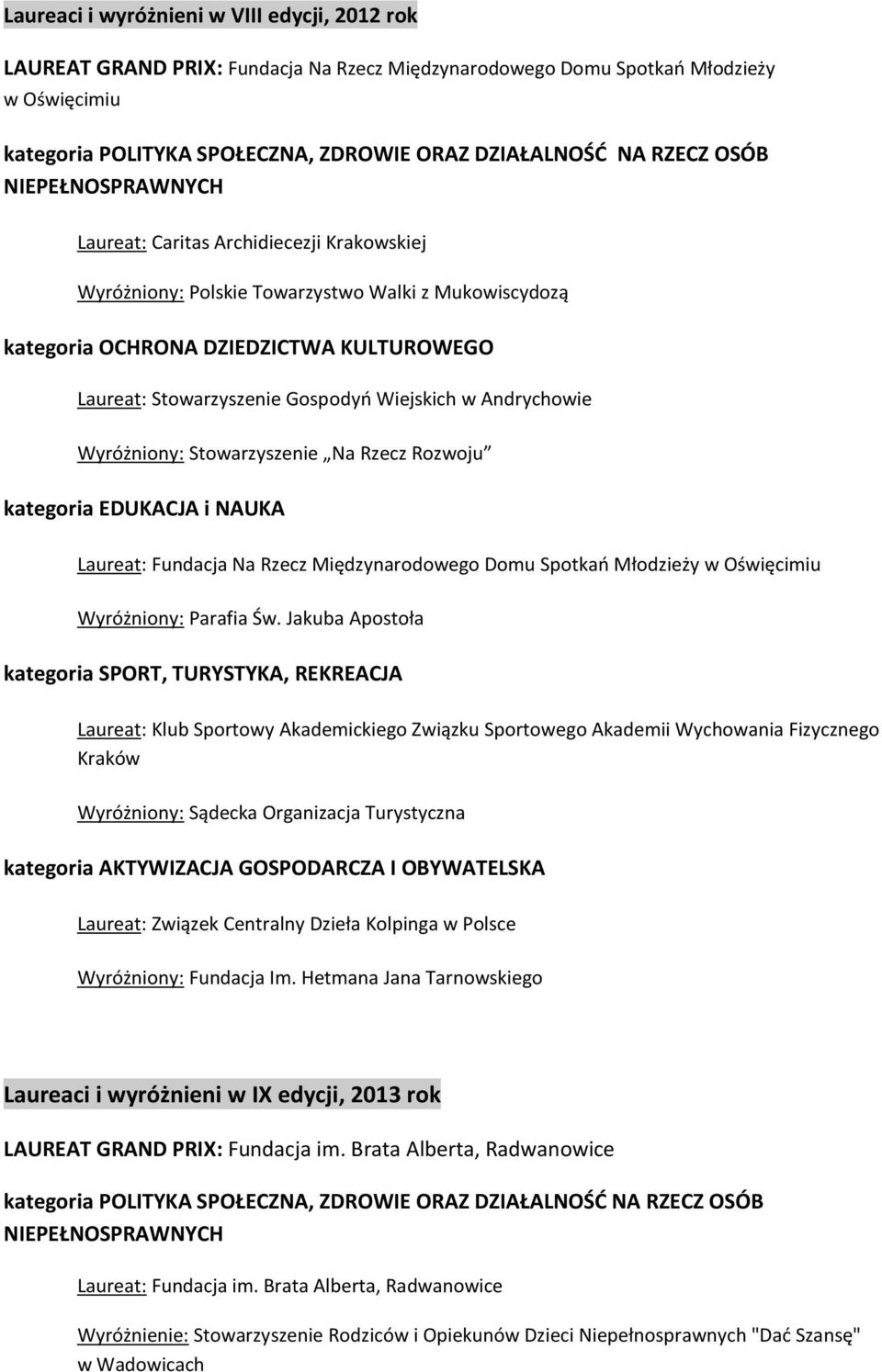 Wyróżniony: Stowarzyszenie Na Rzecz Rozwoju kategoria EDUKACJA i NAUKA Laureat: Fundacja Na Rzecz Międzynarodowego Domu Spotkań Młodzieży w Oświęcimiu Wyróżniony: Parafia Św.
