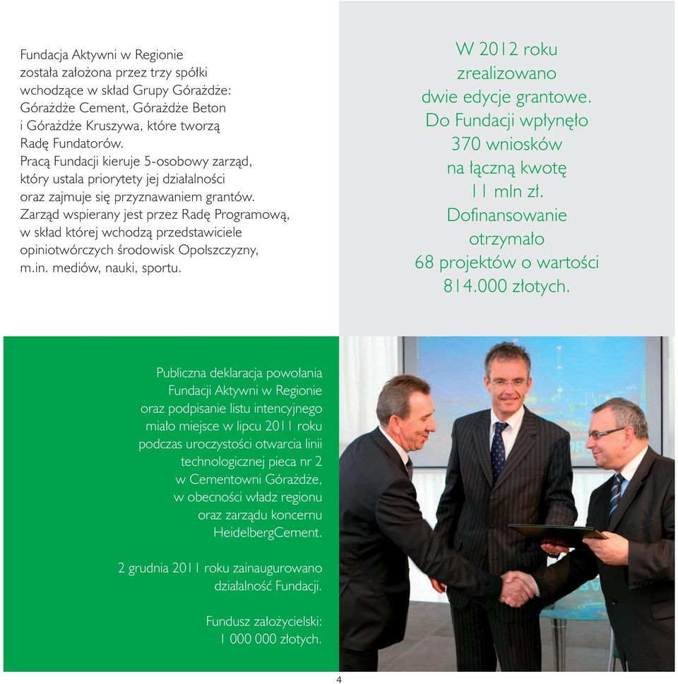 Zarząd wspierany jest przez Radę Programową, w skład której wchodzą przedstawiciele opiniotwórczych środowisk Opolszczyzny, m.in. mediów, nauki, sportu. W 2012 roku zrealizowano dwie edycje grantowe.