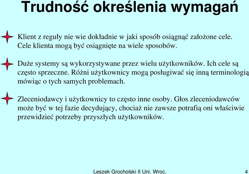 Różni użytkownicy mogą posługiwać się inną terminologią mówiąc o tych samych problemach. Zleceniodawcy i użytkownicy to często inne osoby.