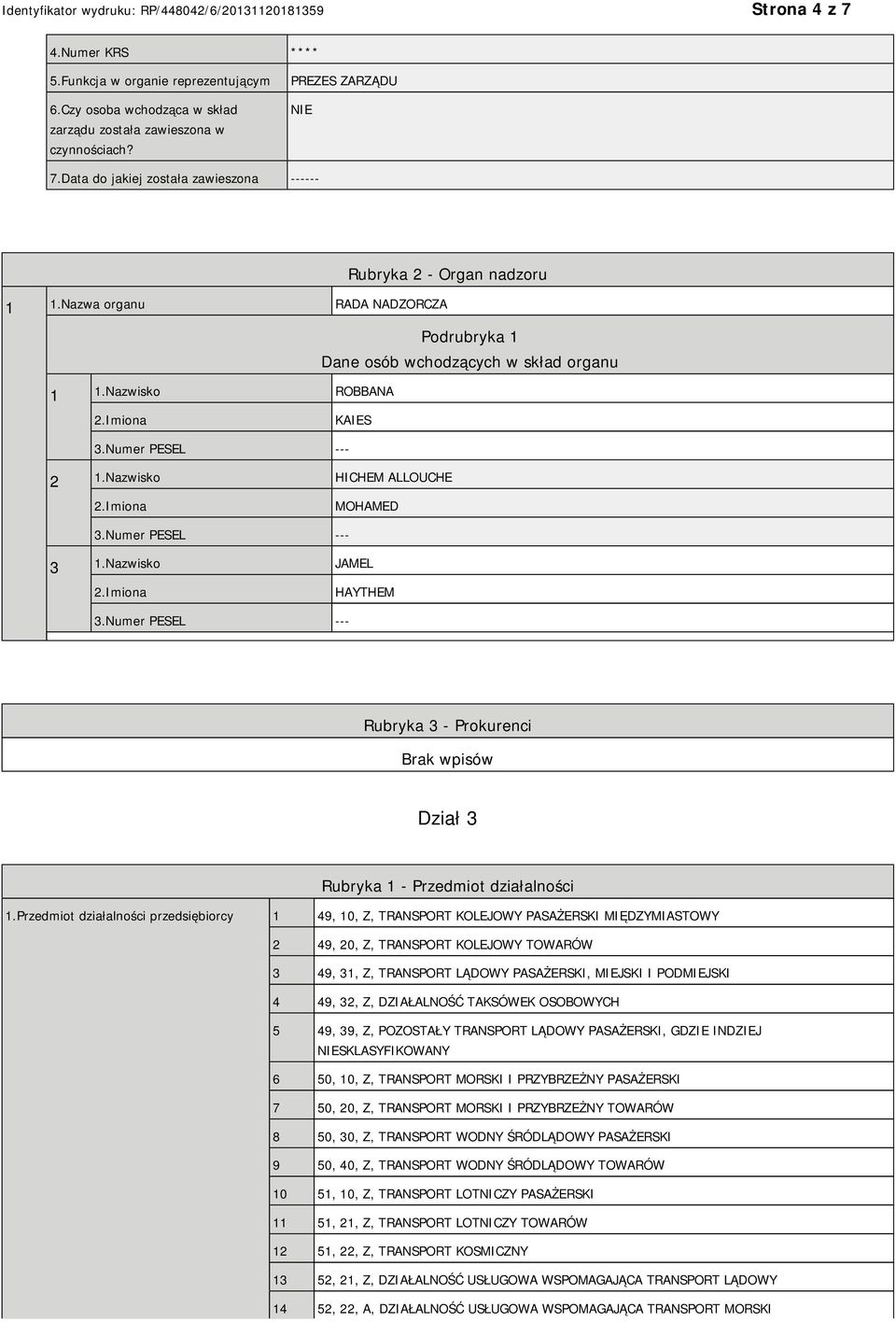 Nazwisko HICHEM ALLOUCHE MOHAMED 3.Numer PESEL --- 3 1.Nazwisko JAMEL HAYTHEM 3.Numer PESEL --- Rubryka 3 - Prokurenci Dział 3 Rubryka 1 - Przedmiot działalności 1.