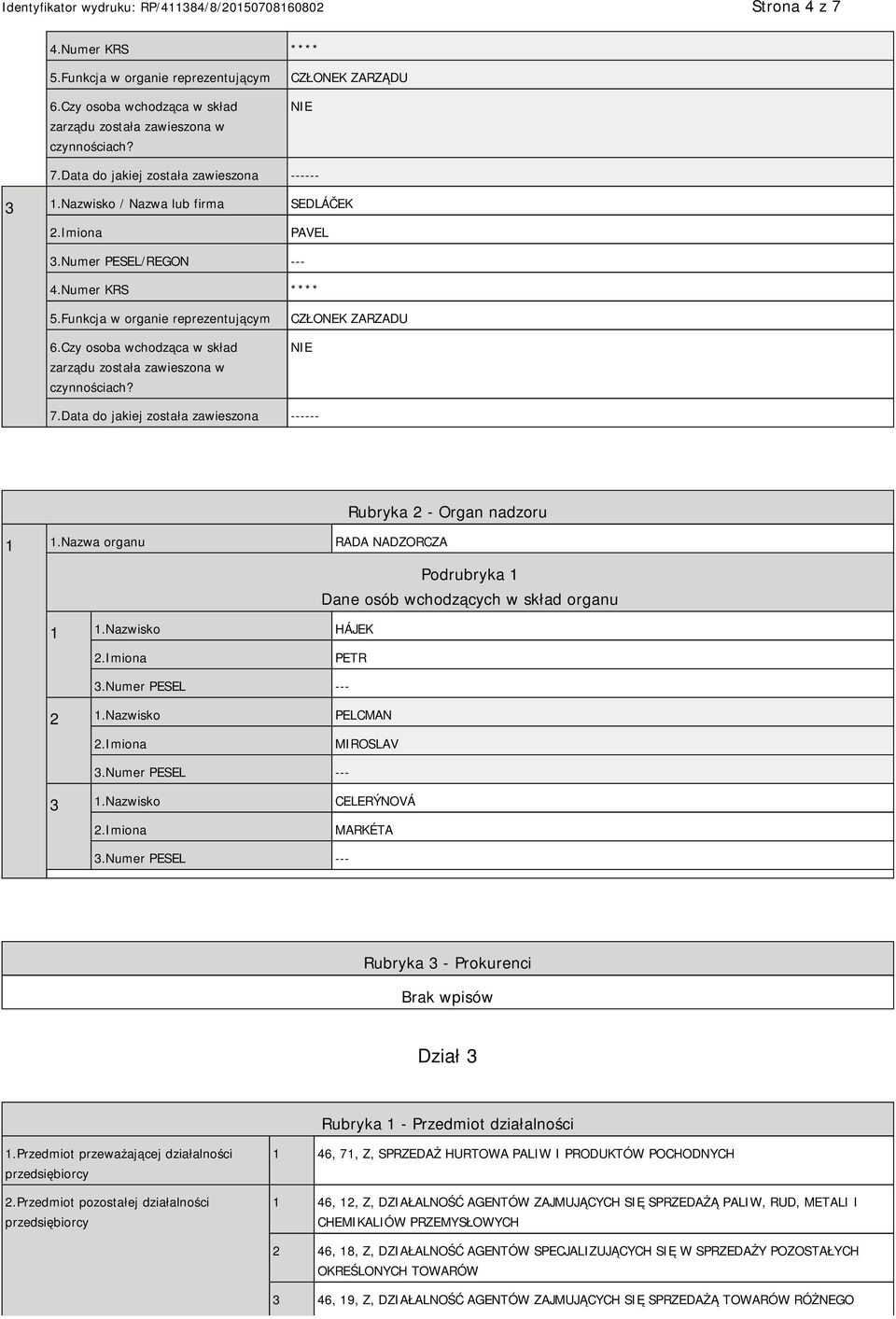 Czy osoba wchodząca w skład zarządu została zawieszona w czynnościach? CZŁONEK ZARZADU 7.Data do jakiej została zawieszona ------ Rubryka 2 - Organ nadzoru 1 1.