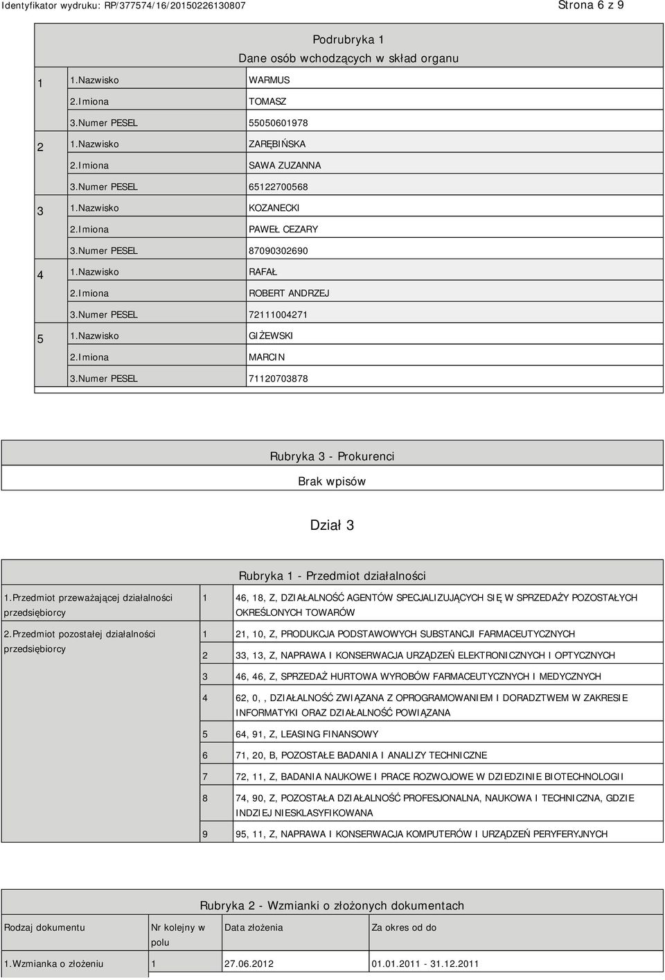 Numer PESEL 71120703878 Rubryka 3 - Prokurenci Dział 3 Rubryka 1 - Przedmiot działalności 1.Przedmiot przeważającej działalności przedsiębiorcy 2.