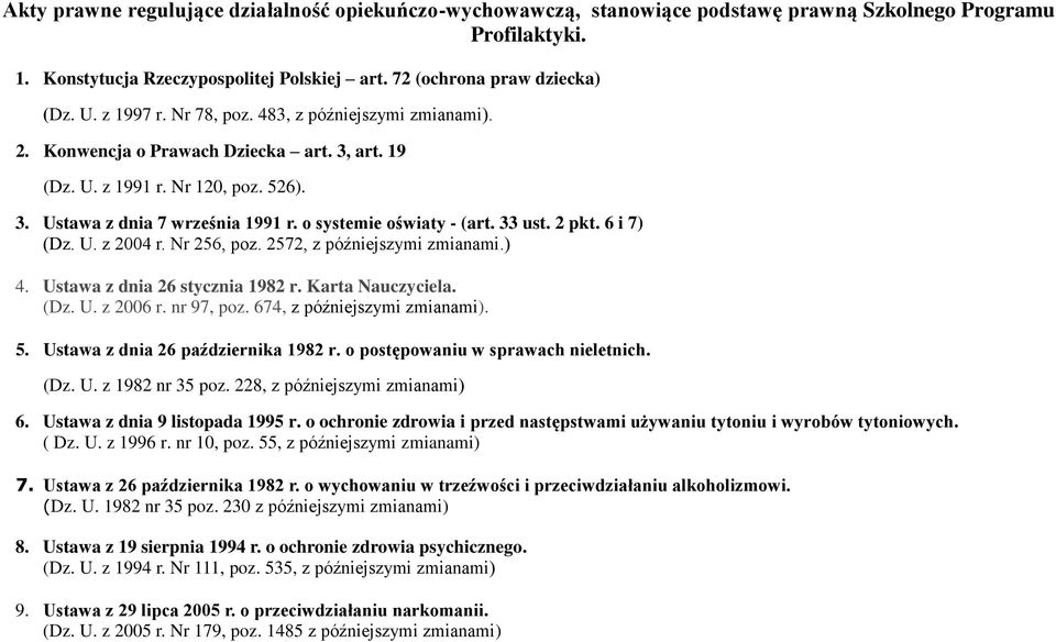 33 ust. 2 pkt. 6 i 7) (Dz. U. z 2004 r. Nr 256, poz. 2572, z późniejszymi zmianami.) 4. Ustawa z dnia 26 stycznia 1982 r. Karta Nauczyciela. (Dz. U. z 2006 r. nr 97, poz.