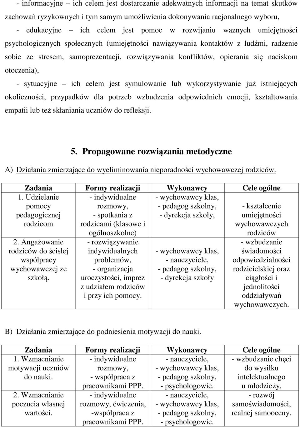 naciskom otoczenia), - sytuacyjne ich celem jest symulowanie lub wykorzystywanie już istniejących okoliczności, przypadków dla potrzeb wzbudzenia odpowiednich emocji, kształtowania empatii lub też