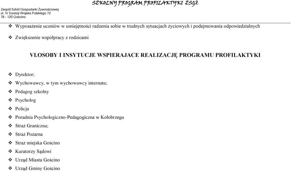 OSOBY I INSYTUCJE WSPIERAJACE REALIZACJĘ PROGRAMU PROFILAKTYKI Dyrektor; Wychowawcy, w tym wychowawcy internatu;