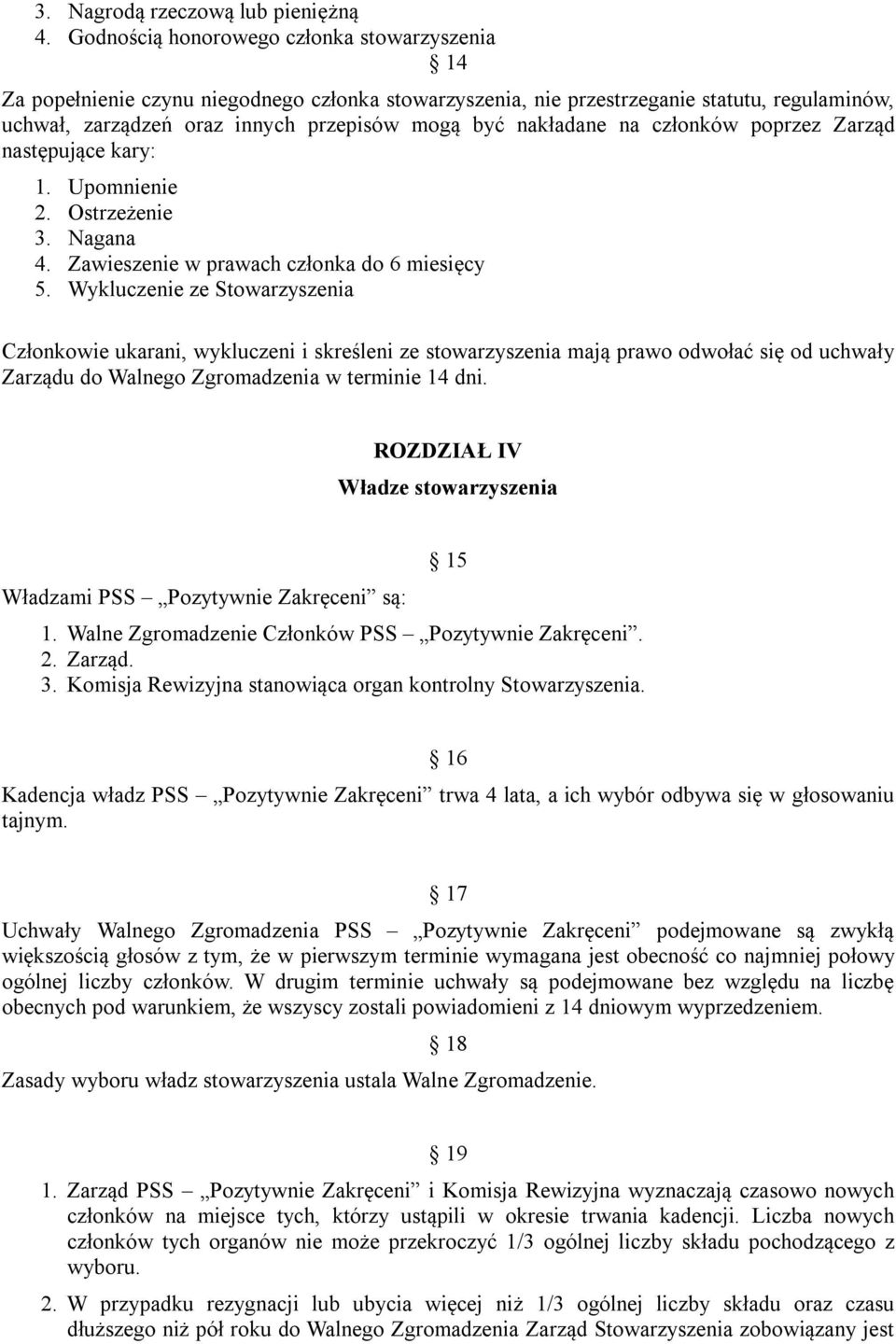 nakładane na członków poprzez Zarząd następujące kary: 1. Upomnienie 2. Ostrzeżenie 3. Nagana 4. Zawieszenie w prawach członka do 6 miesięcy 5.