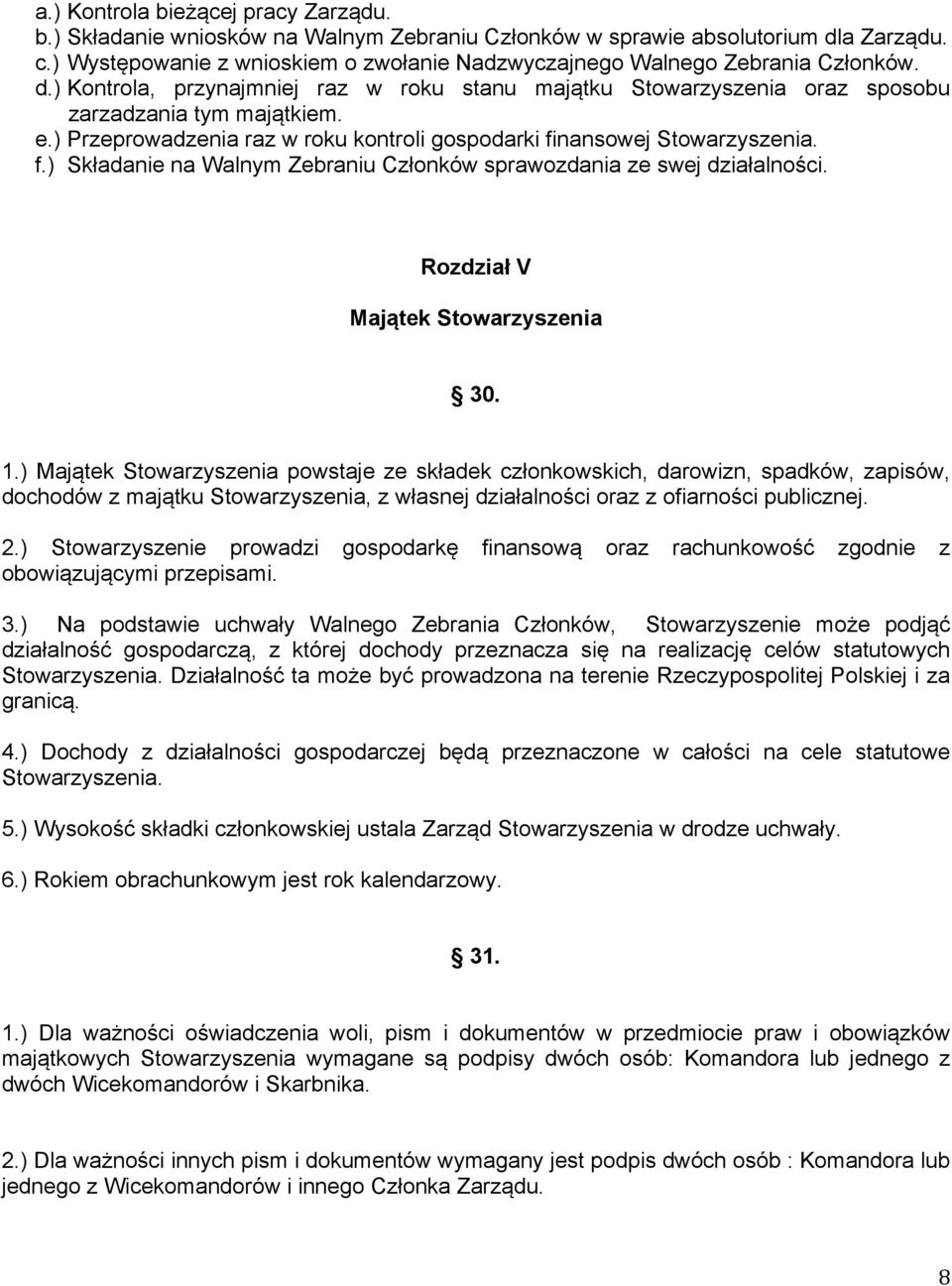 ) Przeprowadzenia raz w roku kontroli gospodarki finansowej Stowarzyszenia. f.) Składanie na Walnym Zebraniu Członków sprawozdania ze swej działalności. Rozdział V Majątek Stowarzyszenia 30. 1.