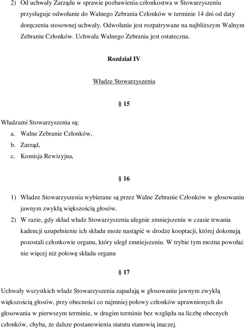 Walne Zebranie Członków, b. Zarząd, c. Komisja Rewizyjna, 16 1) Władze Stowarzyszenia wybierane są przez Walne Zebranie Członków w głosowaniu jawnym zwykłą większością głosów.