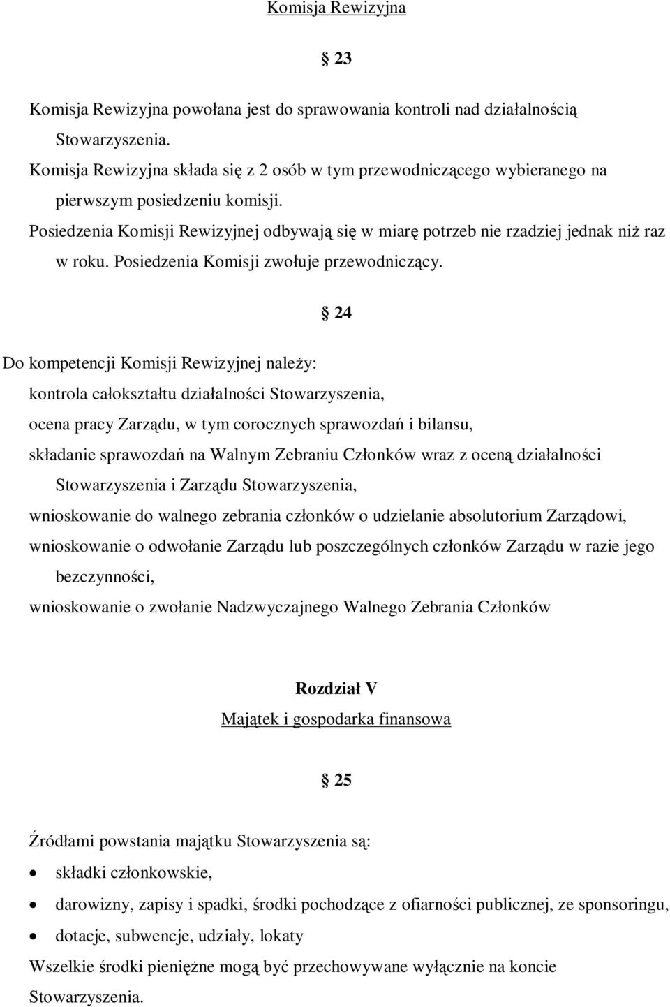 24 Do kompetencji Komisji Rewizyjnej należy: kontrola całokształtu działalności Stowarzyszenia, ocena pracy Zarządu, w tym corocznych sprawozdań i bilansu, składanie sprawozdań na Walnym Zebraniu