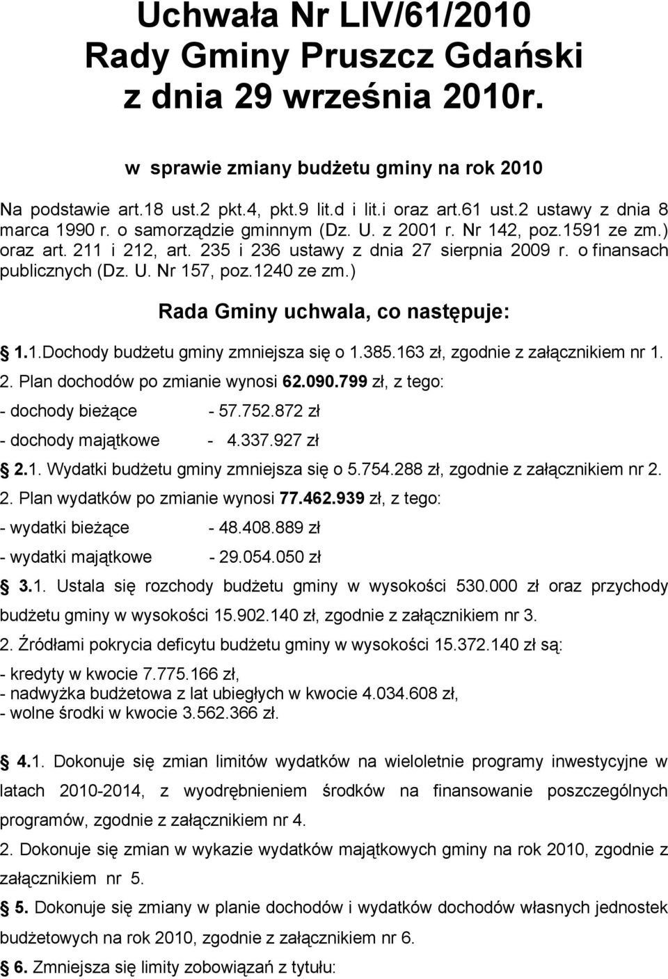 1240 ze zm.) Rada Gminy uchwala, co następuje: 1.1.Dochody budżetu gminy zmniejsza się o 1.385.163 zł, zgodnie z załącznikiem nr 1. 2. Plan dochodów po zmianie wynosi 62.090.