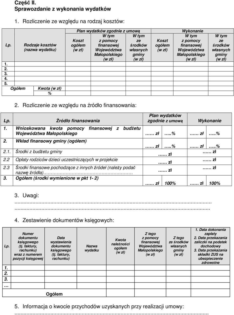 tym z pomocy finansowej Województwa Małopolskiego W tym ze środków własnych gminy Lp. 2. Rozliczenie ze względu na źródło finansowania: Źródło finansowania 3. Uwagi:... 4.