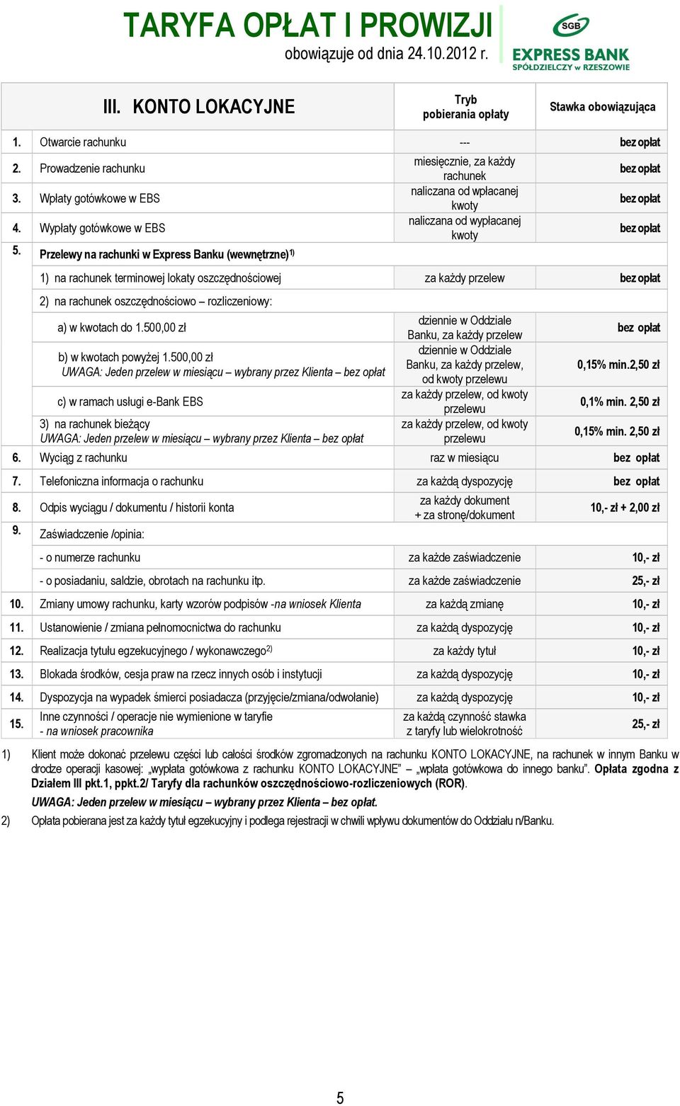 każdy przelew 2) na rachunek oszczędnościowo rozliczeniowy: a) w kwotach do 1.500,00 zł b) w kwotach powyżej 1.