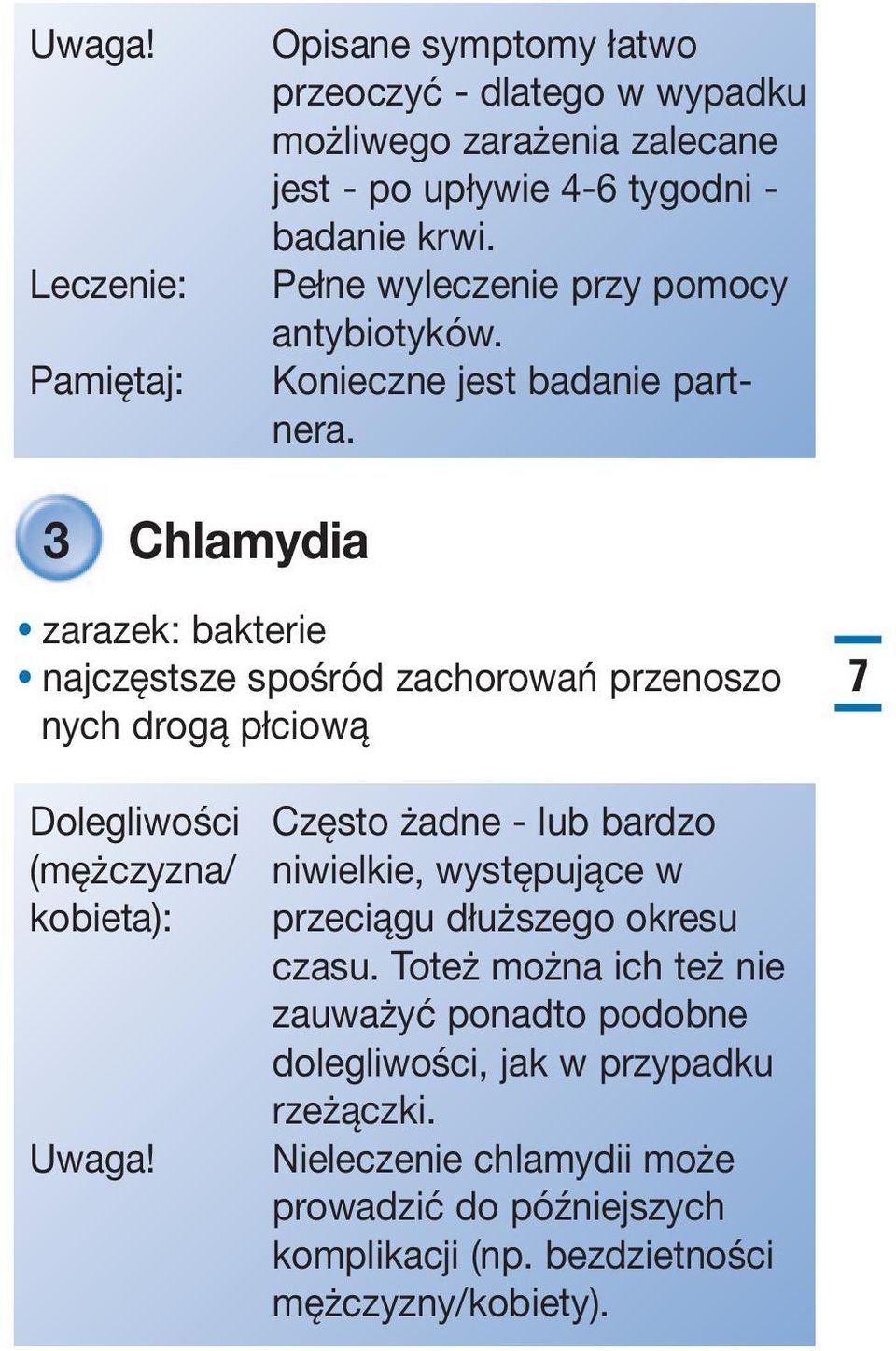 3 Chlamydia zarazek: bakterie najczęstsze spośród zachorowań przenoszo nych drogą płciową 7 Dolegliwości Często żadne - lub bardzo (mężczyzna/ niwielkie,