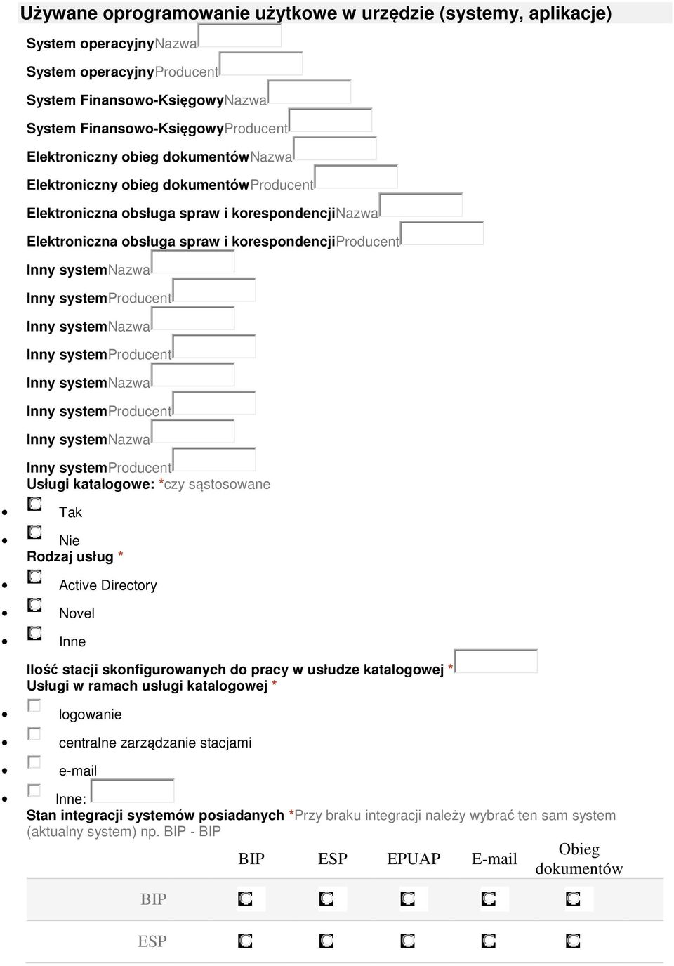 Inny systemnazwa Inny systemproducent Inny systemnazwa Inny systemproducent Inny systemnazwa Inny systemproducent Usługi katalogowe: *czy sąstosowane Rodzaj usług * Active Directory Novel Inne Ilość