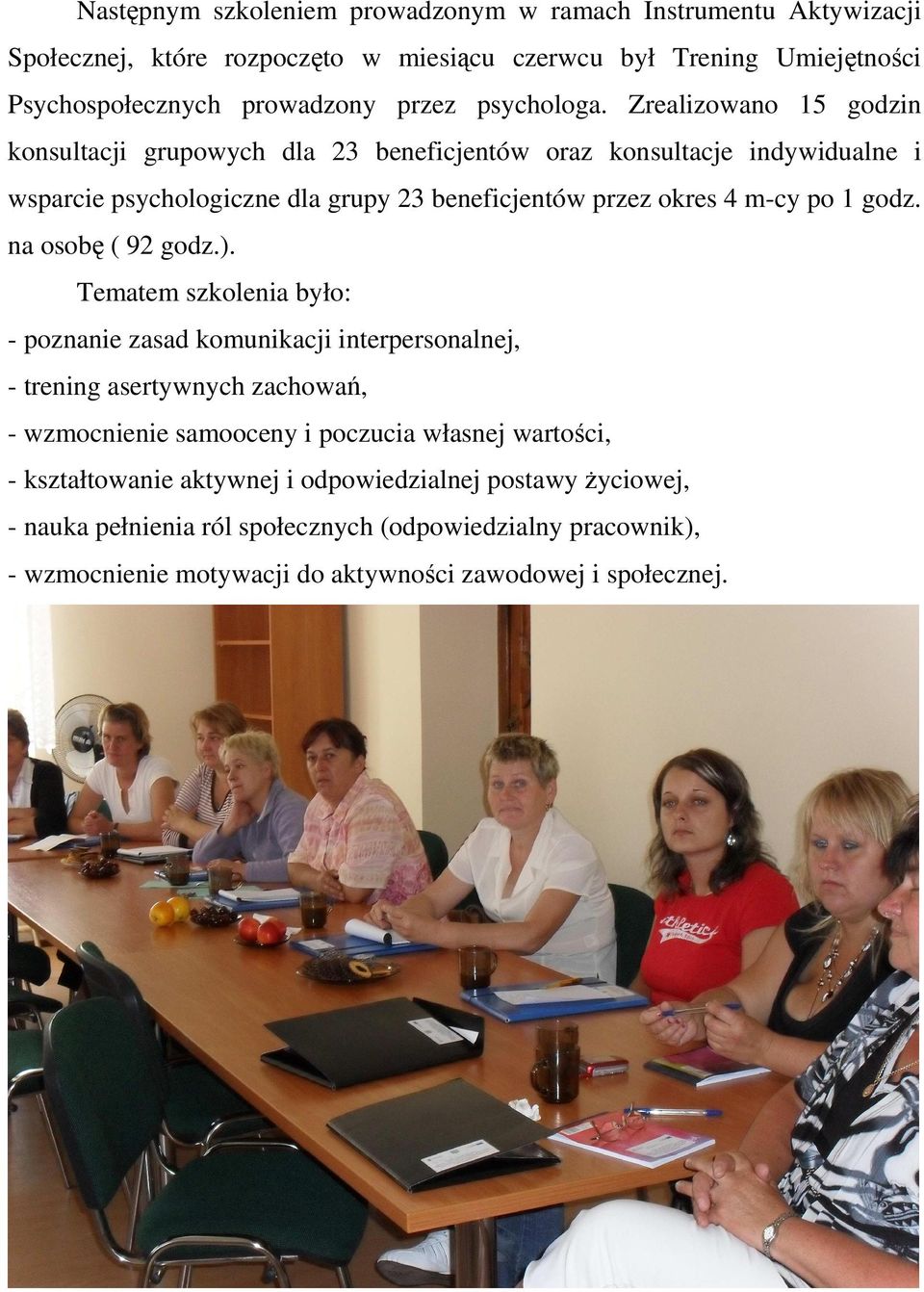 Zrealizowano 15 godzin konsultacji grupowych dla 23 beneficjentów oraz konsultacje indywidualne i wsparcie psychologiczne dla grupy 23 beneficjentów przez okres 4 m-cy po 1 godz.