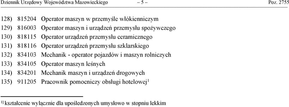 Operator urządzeń przemysłu ceramicznego 131) 818116 Operator urządzeń przemysłu szklarskiego 132) 834103 Mechanik - operator pojazdów