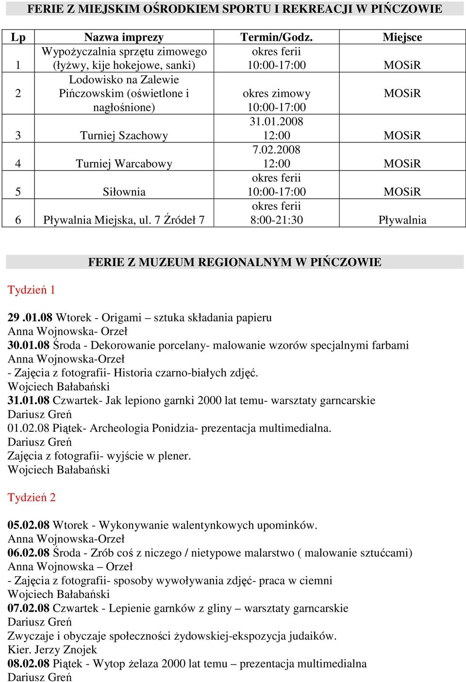 Turniej Szachowy 31.01.2008 MOSiR 4 Turniej Warcabowy 7.02.2008 MOSiR 5 Siłownia okres ferii 10:00-17:00 MOSiR 6 Pływalnia Miejska, ul.