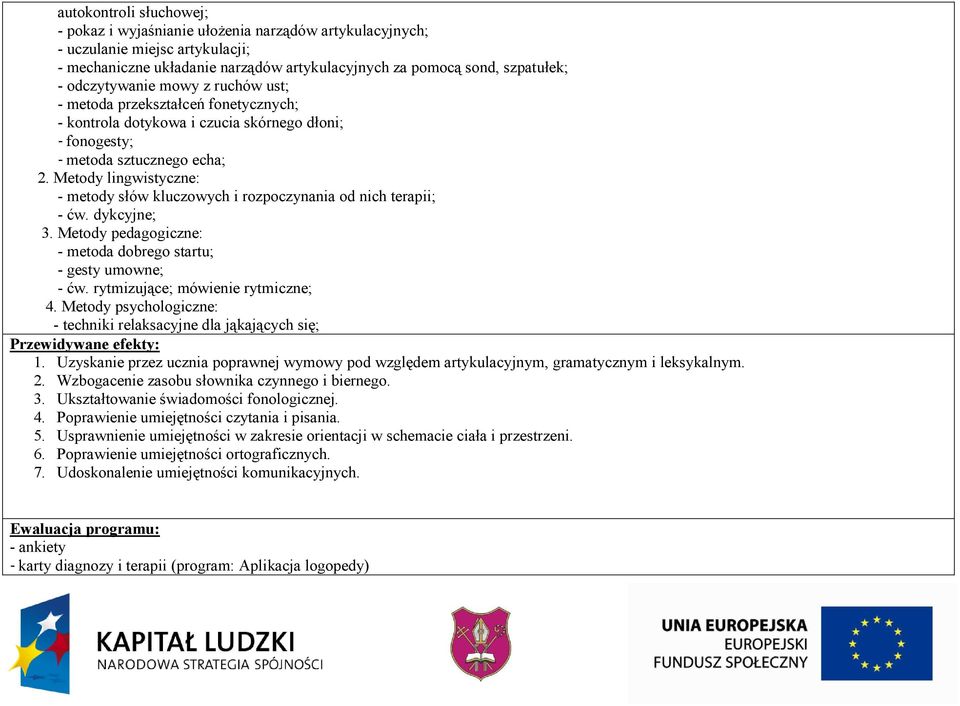 Metody lingwistyczne: - metody słów kluczowych i rozpoczynania od nich terapii; - ćw. dykcyjne; 3. Metody pedagogiczne: - metoda dobrego startu; - gesty umowne; - ćw.