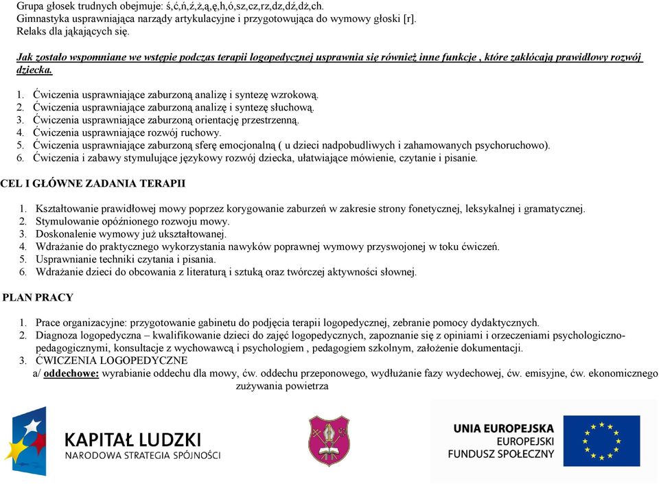 Ćwiczenia usprawniające zaburzoną analizę i syntezę wzrokową. 2. Ćwiczenia usprawniające zaburzoną analizę i syntezę słuchową. 3. Ćwiczenia usprawniające zaburzoną orientację przestrzenną. 4.