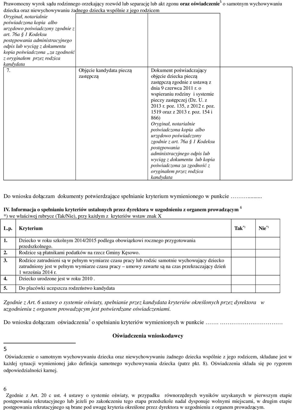 Objęcie pieczą zastępczą Dokument poświadczający objęcie dziecka pieczą zastępczą zgodnie z ustawą z dnia 9 czerwca 2011 r. o wspieraniu rodziny i systemie pieczy zastępczej (Dz. U. z 2013 r. poz.
