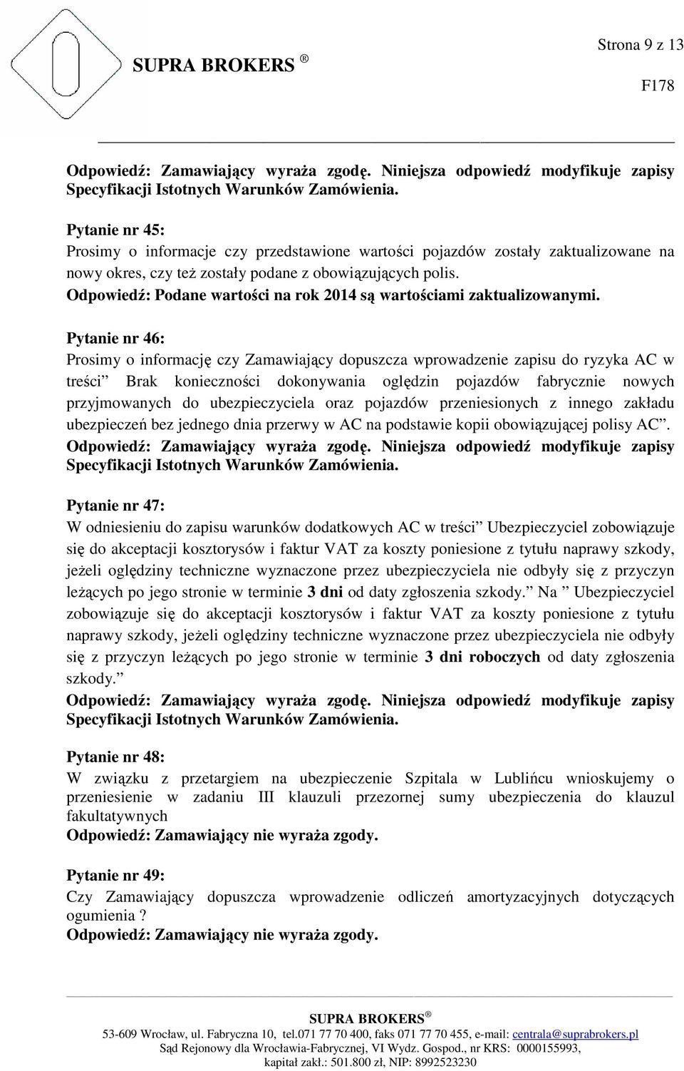 Pytanie nr 46: Prosimy o informację czy Zamawiający dopuszcza wprowadzenie zapisu do ryzyka AC w treści Brak konieczności dokonywania oględzin pojazdów fabrycznie nowych przyjmowanych do