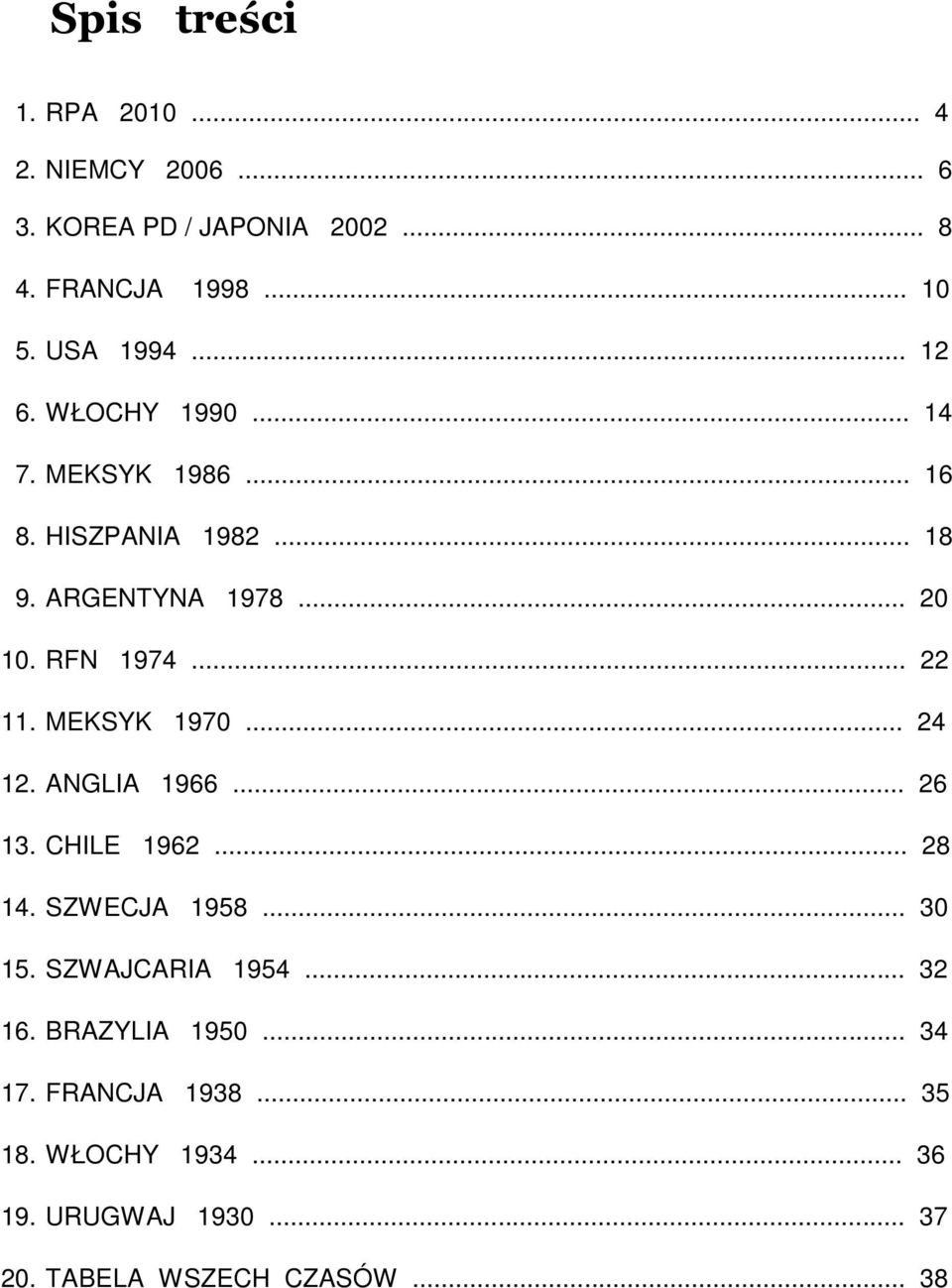 MEKSYK 1970... 24 12. ANGLIA 1966... 26 13. CHILE 1962... 28 14. SZWECJA 1958... 30 15. SZWAJCARIA 1954... 32 16.