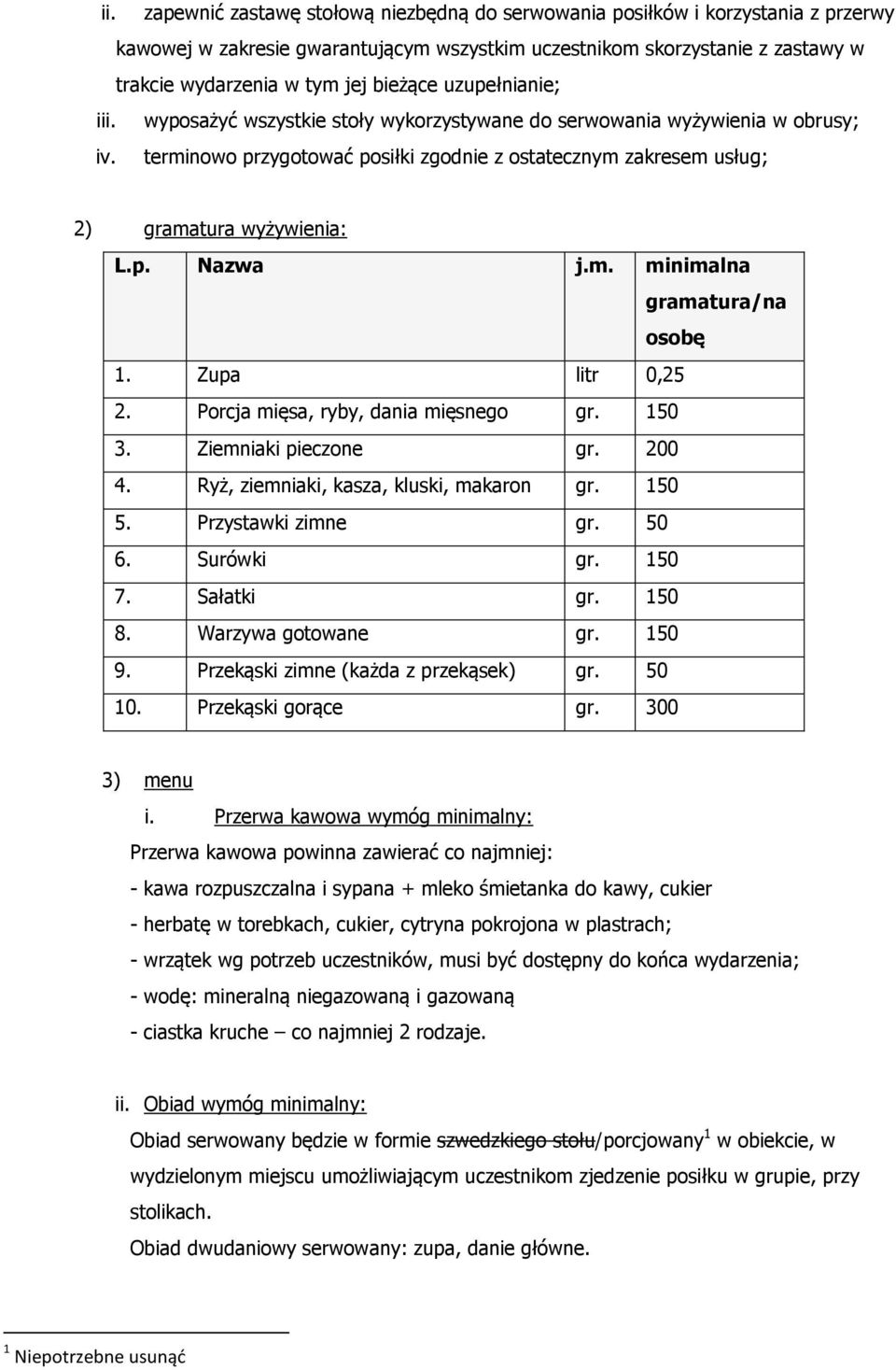 terminowo przygotować posiłki zgodnie z ostatecznym zakresem usług; 2) gramatura wyżywienia: L.p. Nazwa j.m. minimalna gramatura/na osobę 1. Zupa litr 0,25 2. Porcja mięsa, ryby, dania mięsnego gr.
